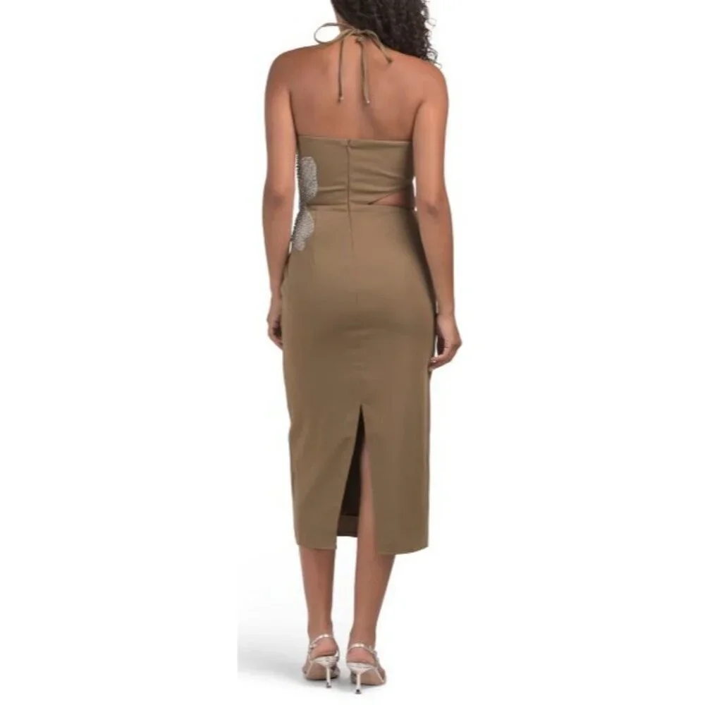 Avec Les Filles Olive Midi Dress Size 6 Beaded Floral Accent Halter Neck Cutout